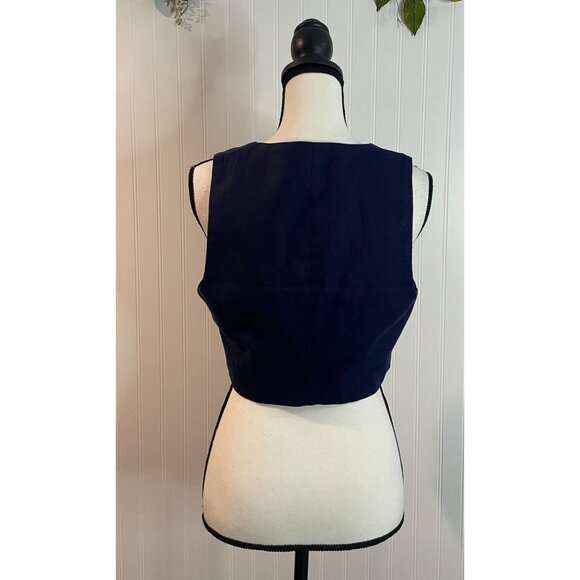Christian Siriano Linen Blend Cropped Vest Top Navy Blue size10 NWT - Picture 2 of 10